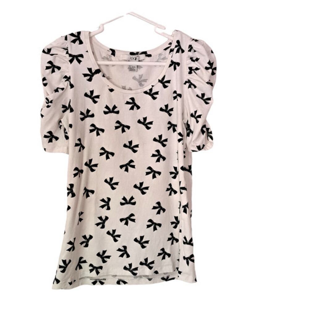 XXI Womens Scoop neck Short Puff Sleeve Top‎ White Bow Ribbon Print Large